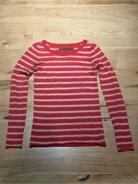 Enza Costa Coral Pink & White Striped Long Sleeve Lightweight Cashmere